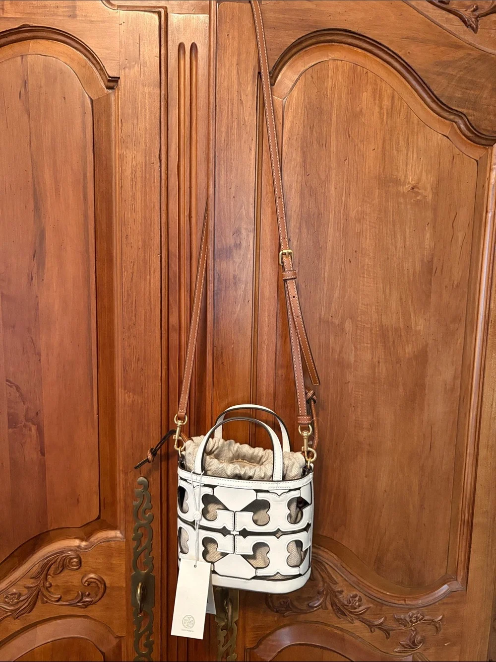 Tory Burch White Leather Cutout Mini Bucket Bag with Tan Strap